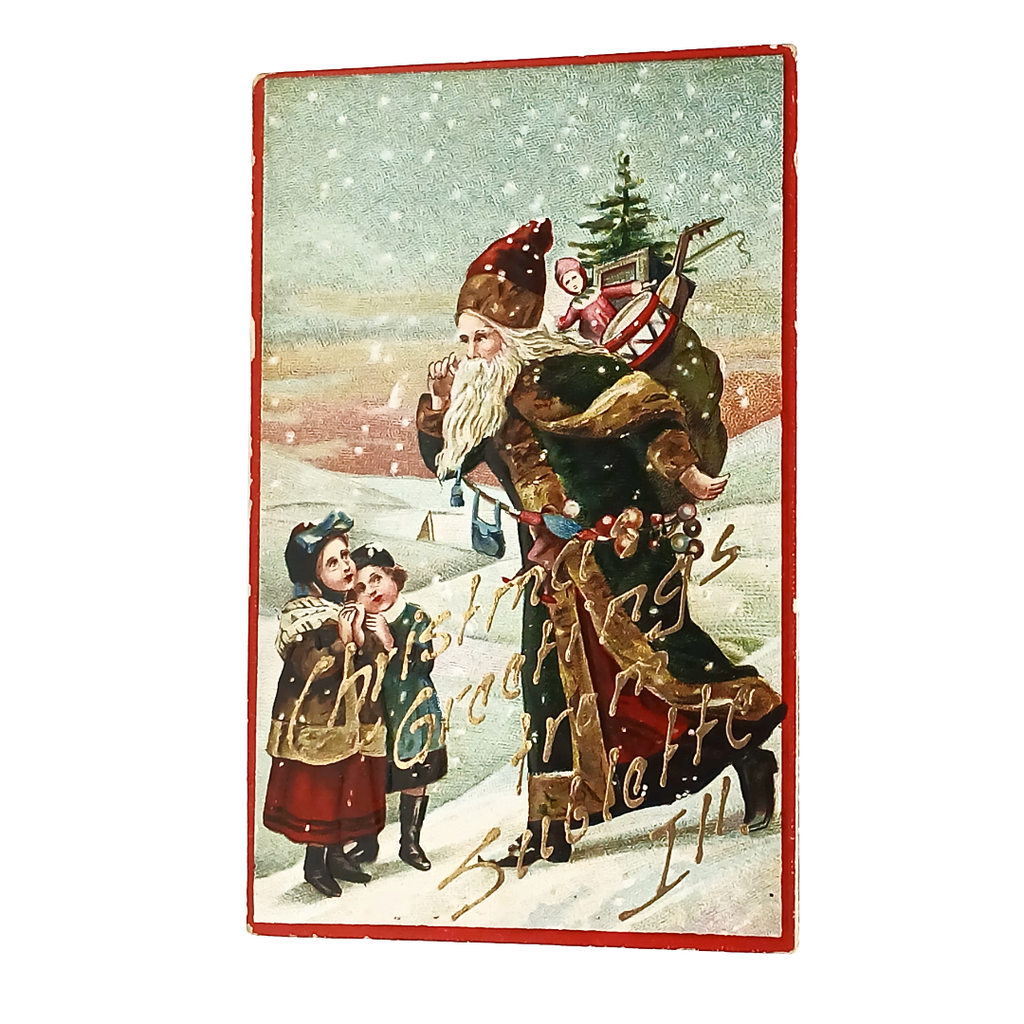 Christmas Postcard Old World German Santa in Green Robe Children Gold Highlights