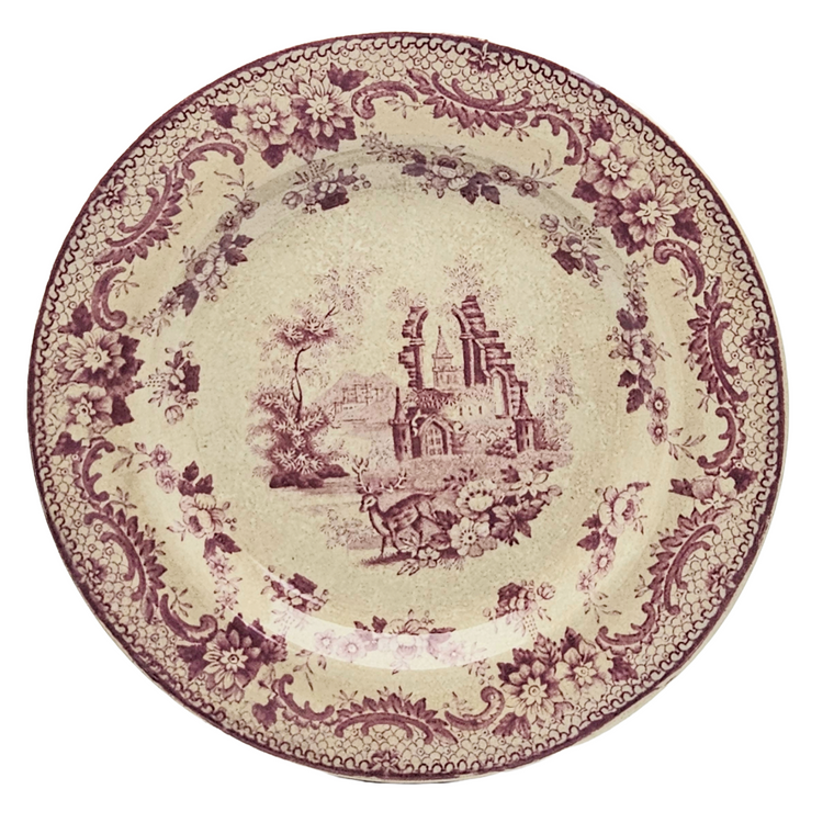 Antique English Ironstone Plum Transferware Plate ANTIQUARIAN Deer Thomas Fell
