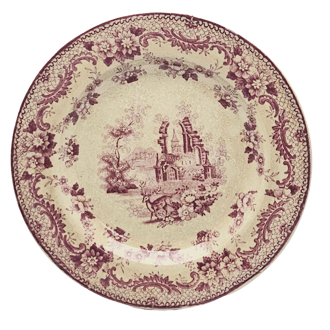 Antique English Ironstone Plum Transferware Plate ANTIQUARIAN Deer Thomas Fell