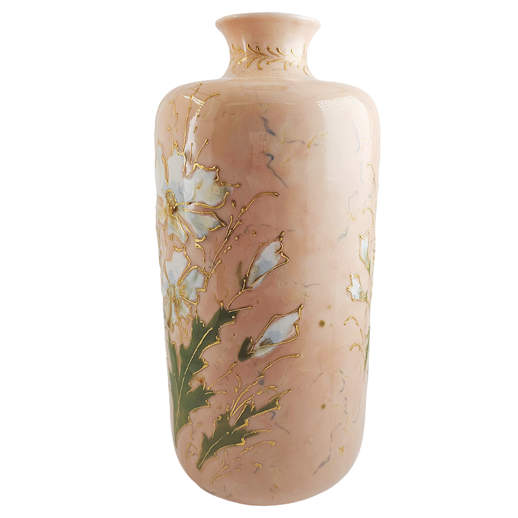 RS Prussia Porcelain Vase, Enamel White Flowers, Mold 909, 9 Inch