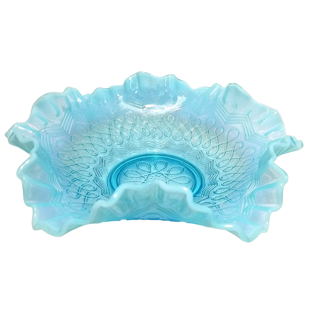 Jefferson Glass  Aqua Blue Opalescent Fluted Ruffle Bowl "Many Loops" Pattern