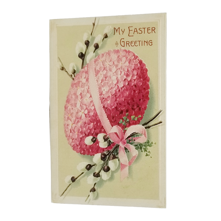 Art Nouveau Easter Postcard Pink Phlox Covered Egg w/ Ribbons & Pussy Willow Branches