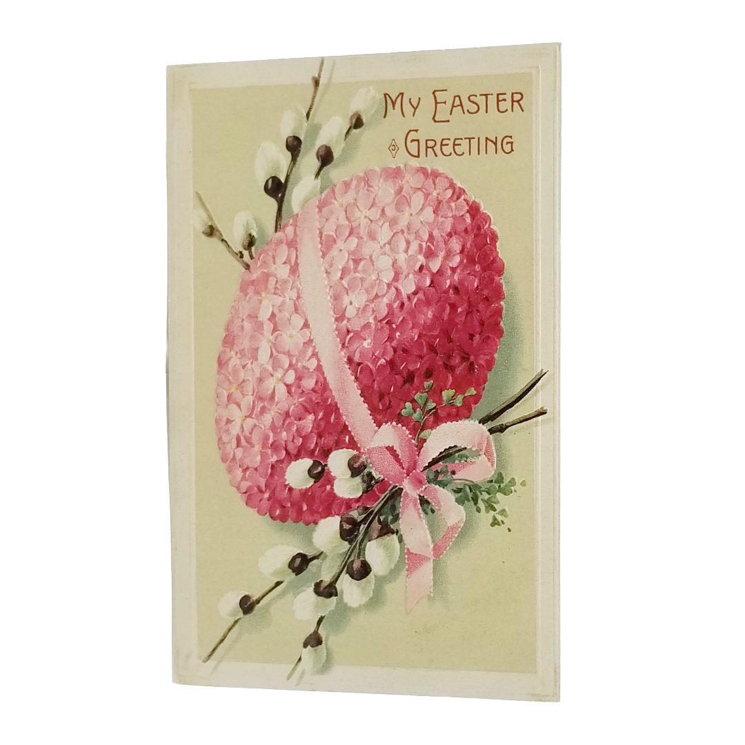 Art Nouveau Easter Postcard Pink Phlox Covered Egg w/ Ribbons & Pussy Willow Branches