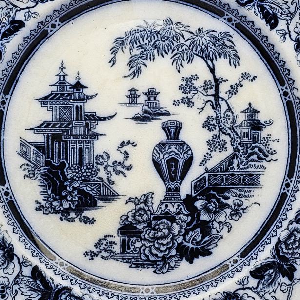 Antique English Flow Blue Ironstone Plate: W Adams & Sons Transferware, Oriental Chinoiserie Jeddo