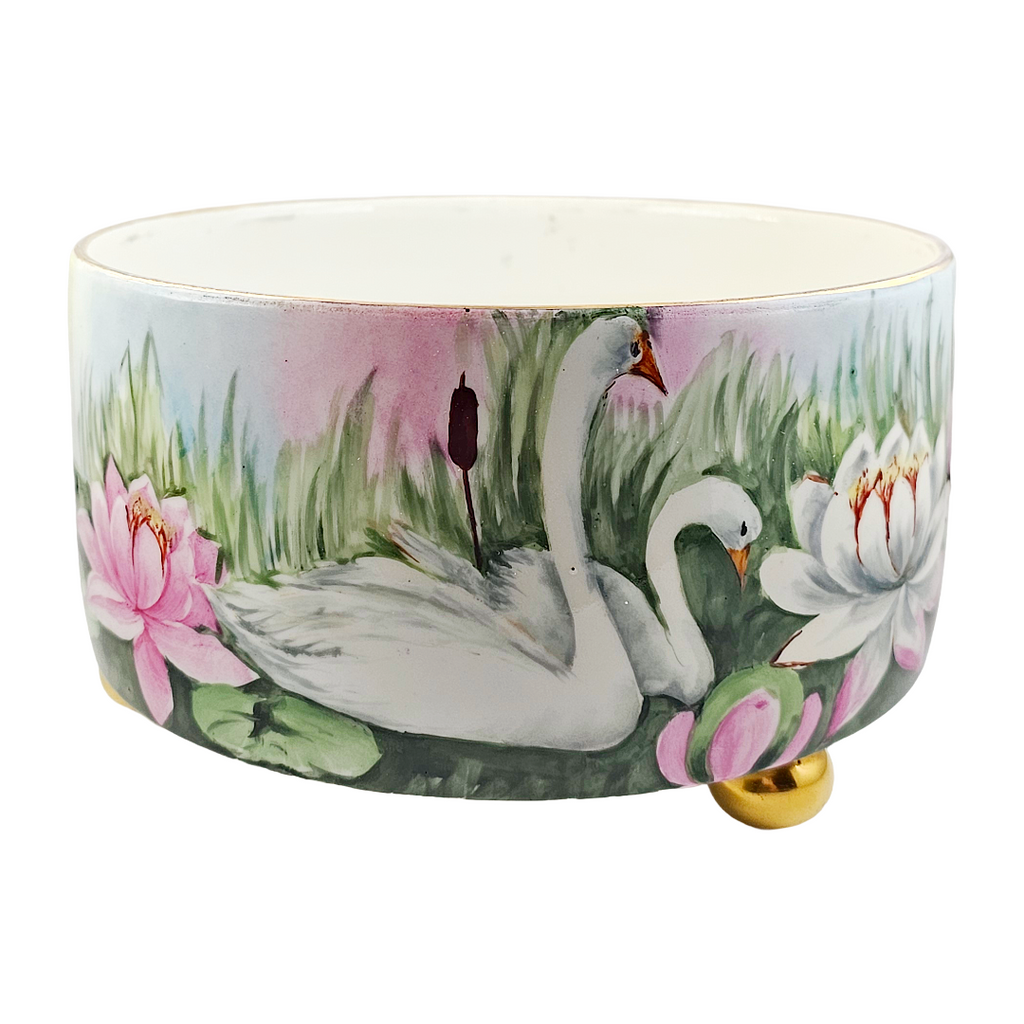 Limoges French Porcelain Cachepot & Fernery Vase HP Swans and Waterlilies AS Hoffman