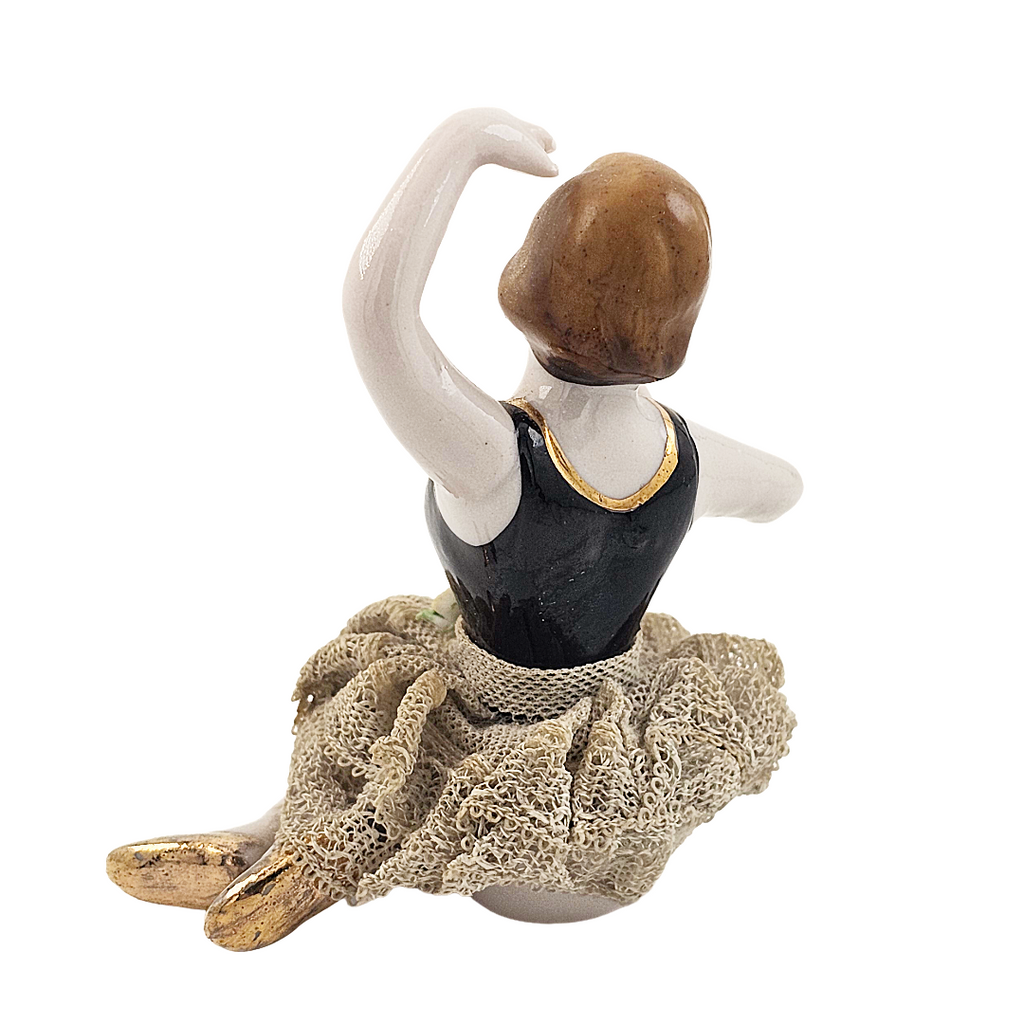 Porcelain Bisque Bathing Beauty Seated Ballerina Dresden Lace Skirt