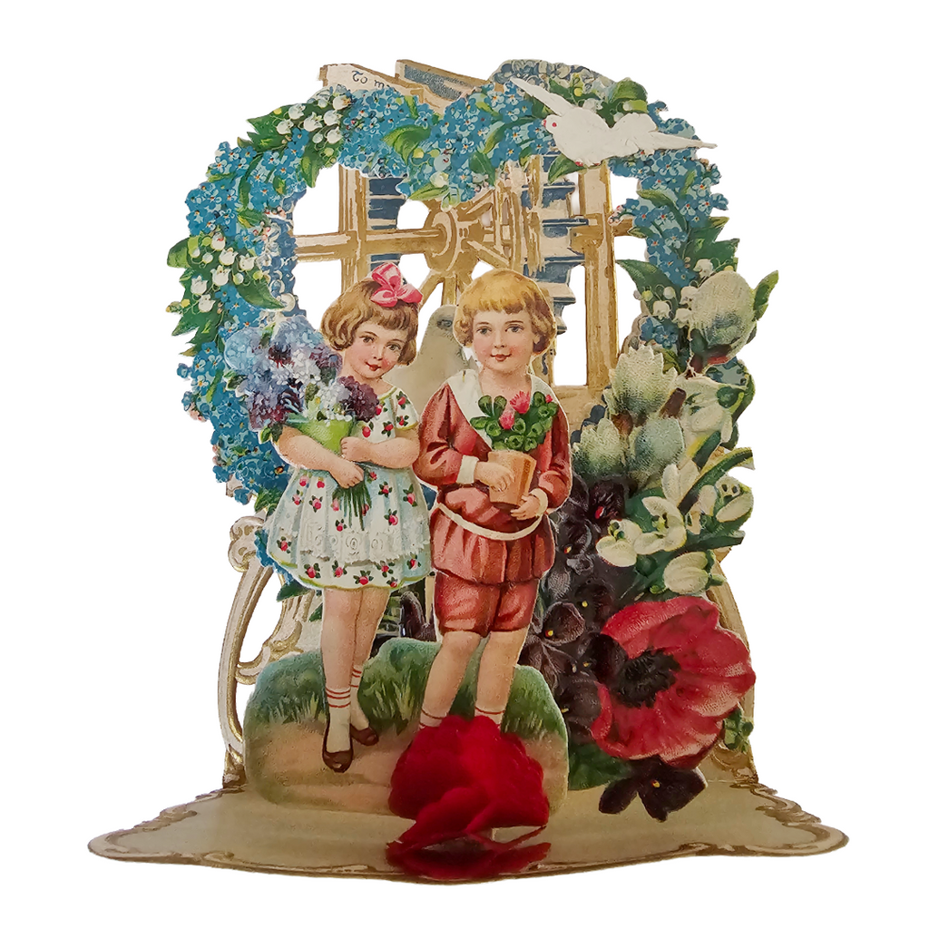 Vintage German Die Cut 3D Valentine's Card Children Flowers & Doves