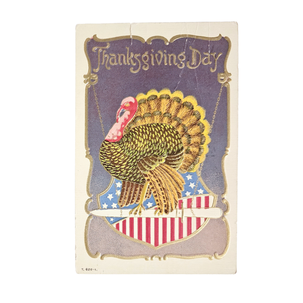 Patriotic Thanksgiving Postcard Gold Turkey Sword w/ American Flag Gel Finish