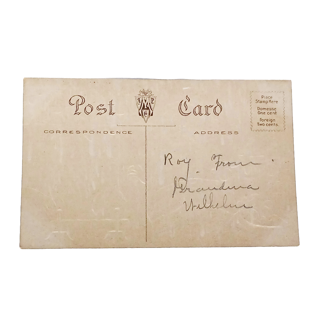 Christmas Postcard Santa Claus Holding Toy Car Fire Mantle with Gold Highlights