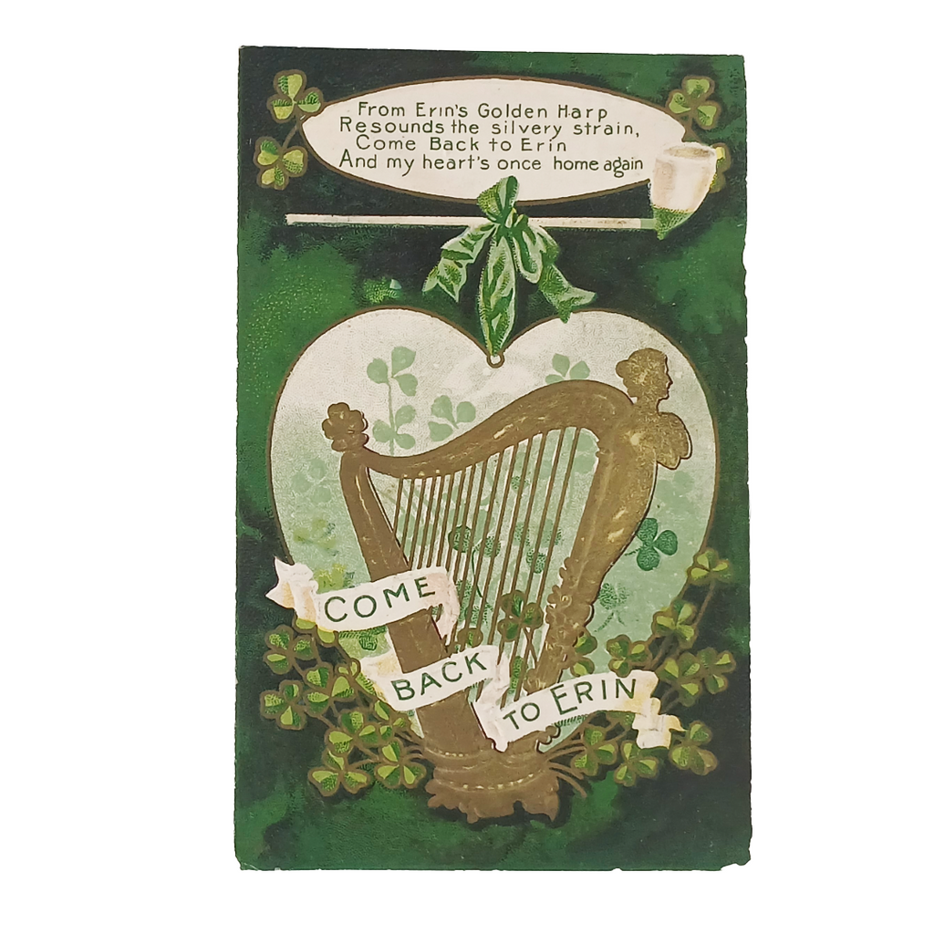 Saint Patrick's Day Postcard Come Back to Erin Gold Harp & Shamrocks
