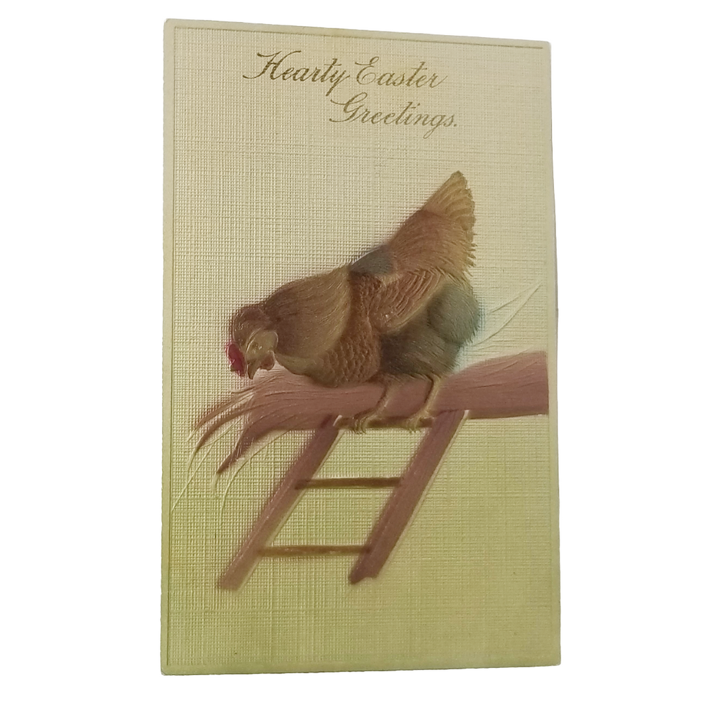 Embossed Easter Postcard Hen on Branch with Ladder Airbrush Style