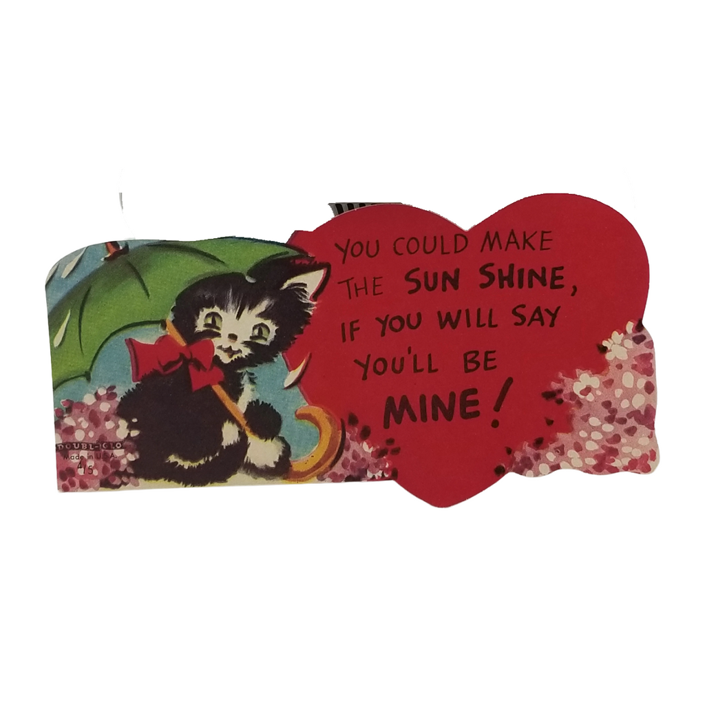 Die Cut Valentine Card Kitten Under Umbrella w/ Giant Heart