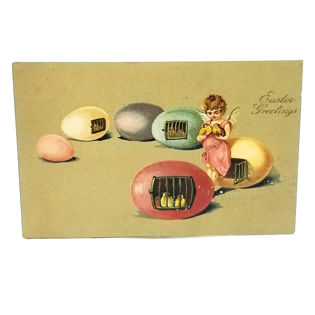 Easter Postcard Cherub Rescuing Chicks From Caged Colored Eggs