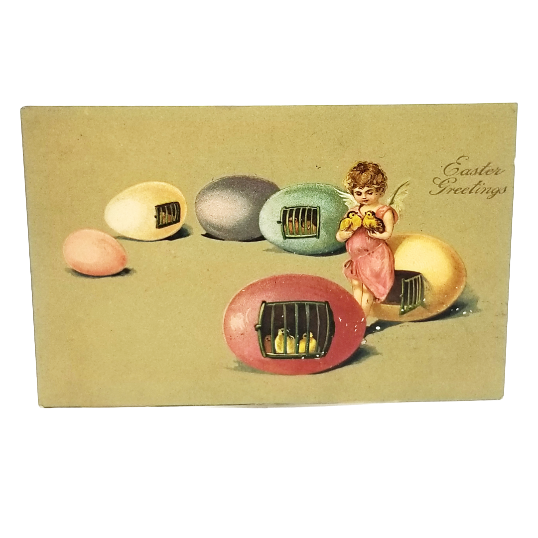 Easter Postcard Cherub Rescuing Chicks From Caged Colored Eggs