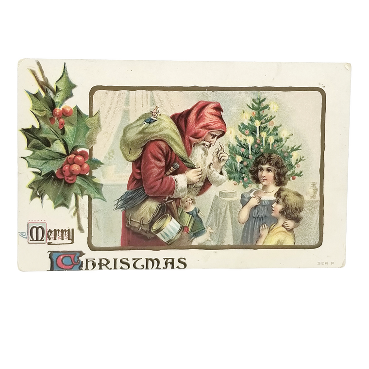 Christmas Postcard Santa Claus in Robe Delivering Gifts to Children