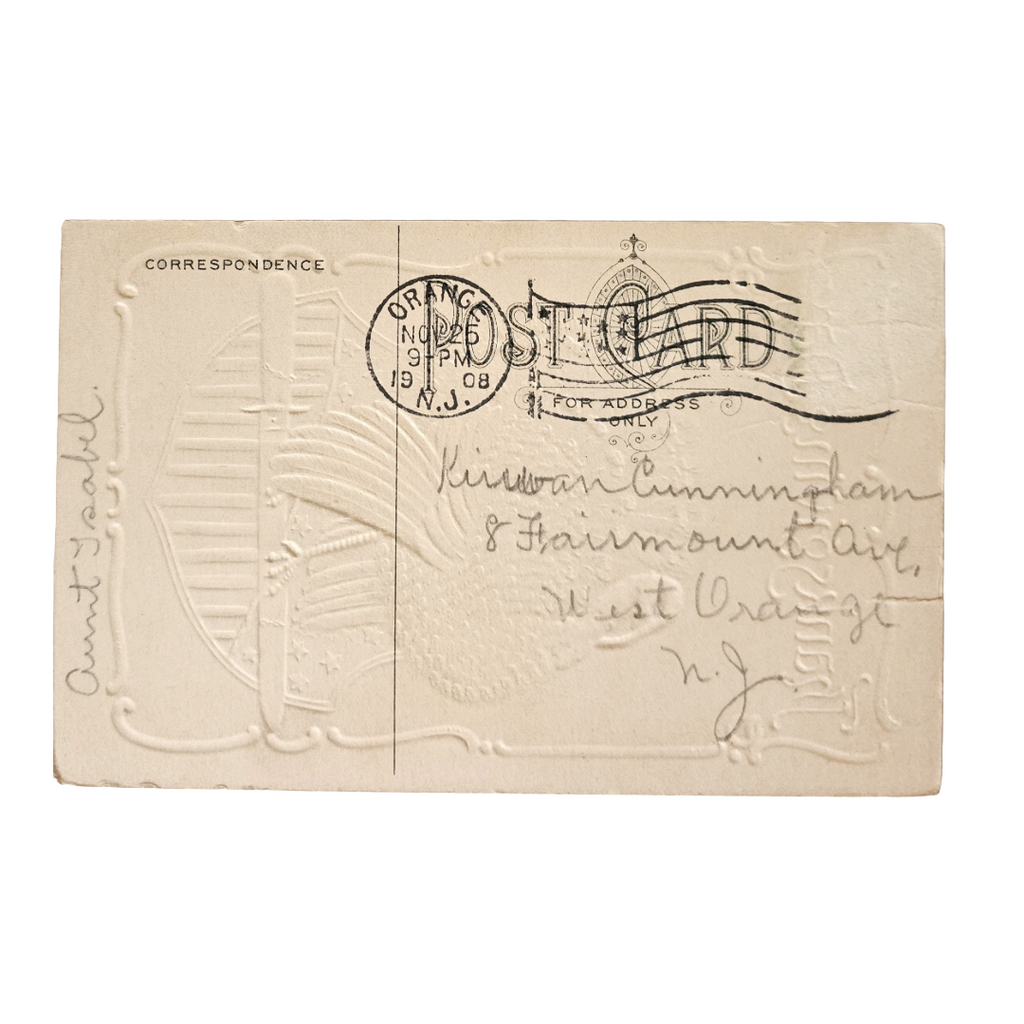 Patriotic Thanksgiving Postcard Gold Turkey Sword w/ American Flag Gel Finish