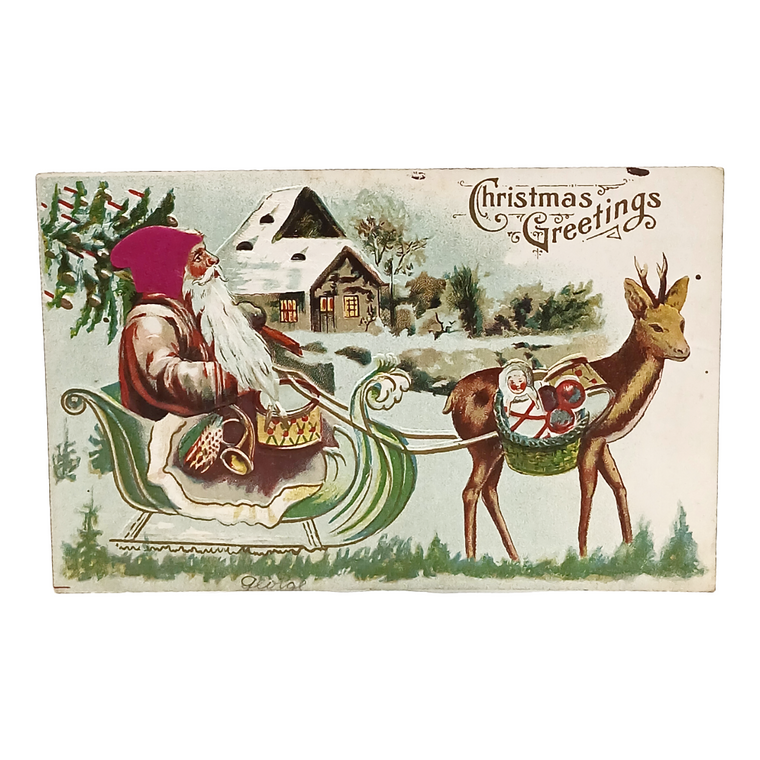Christmas Postcard Santa Claus in Silk Hat Driving Sleigh with Reindeer