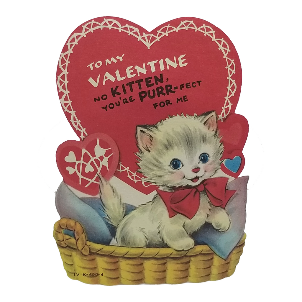 Die Cut Valentine Card "You're Purr-fect to Me" Kitten in Basket