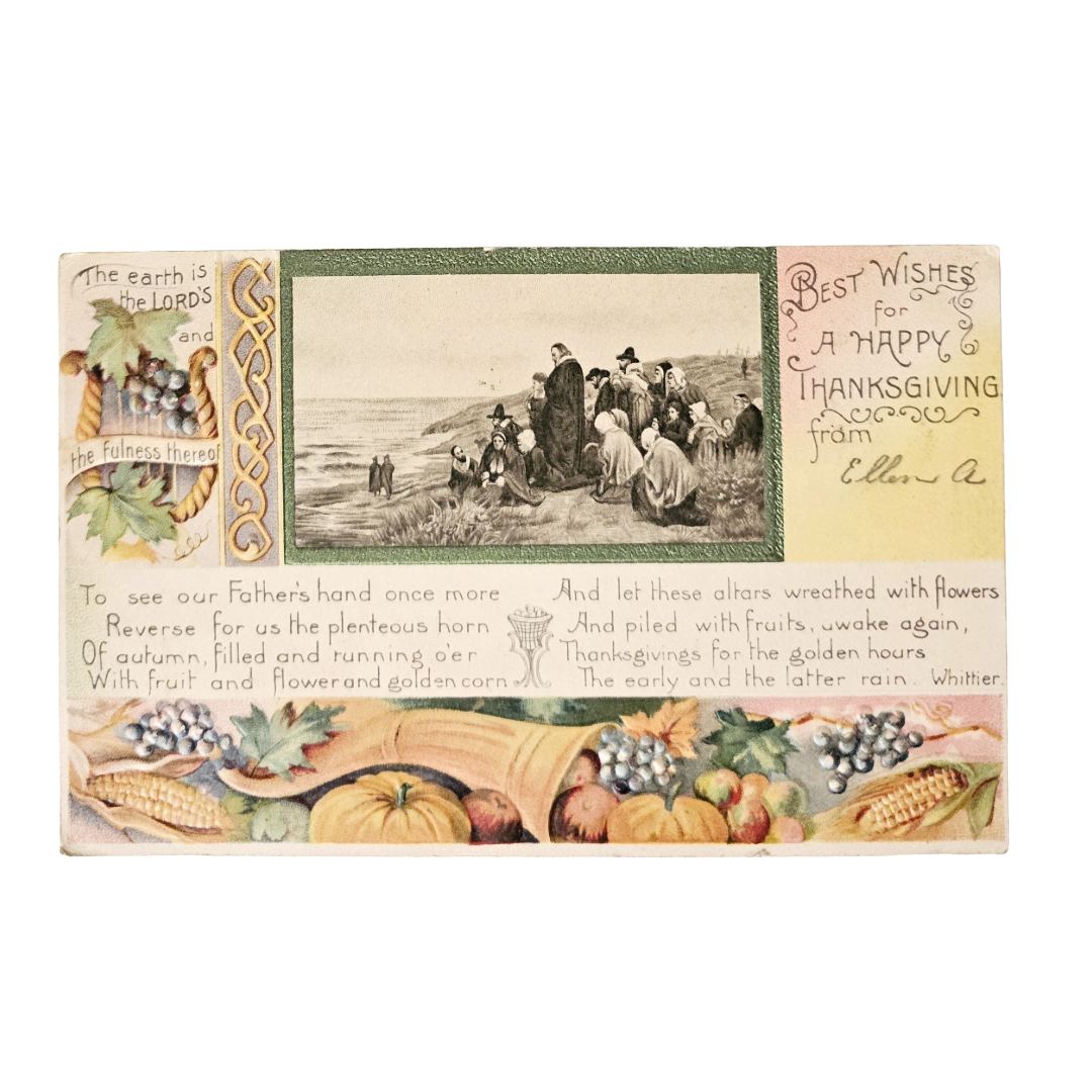 Thanksgiving Postcard Winsch Pub Pilgrims with Whittier Poem