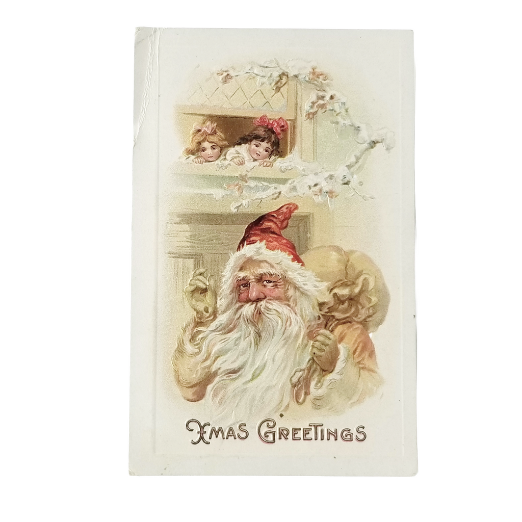 Christmas Postcard Santa Claus w/ Toys Children at Window Above