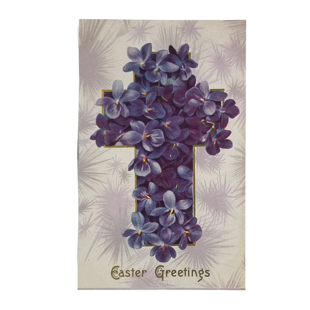Embossed Easter Postcard Cross Covered in Violet Flowers
