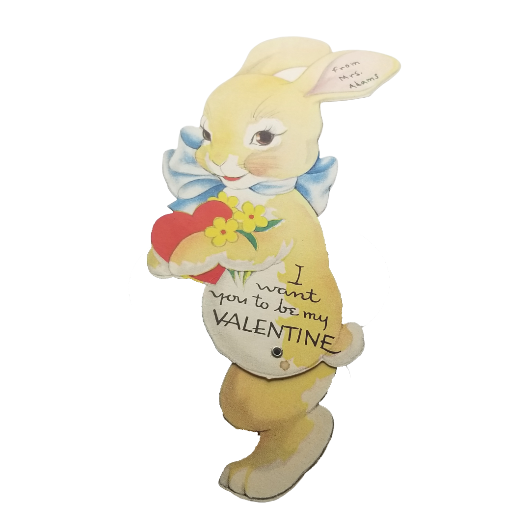 Vintage Mechanical Valentine Die Cut Card Bunny Rabbit with Heart Carrot