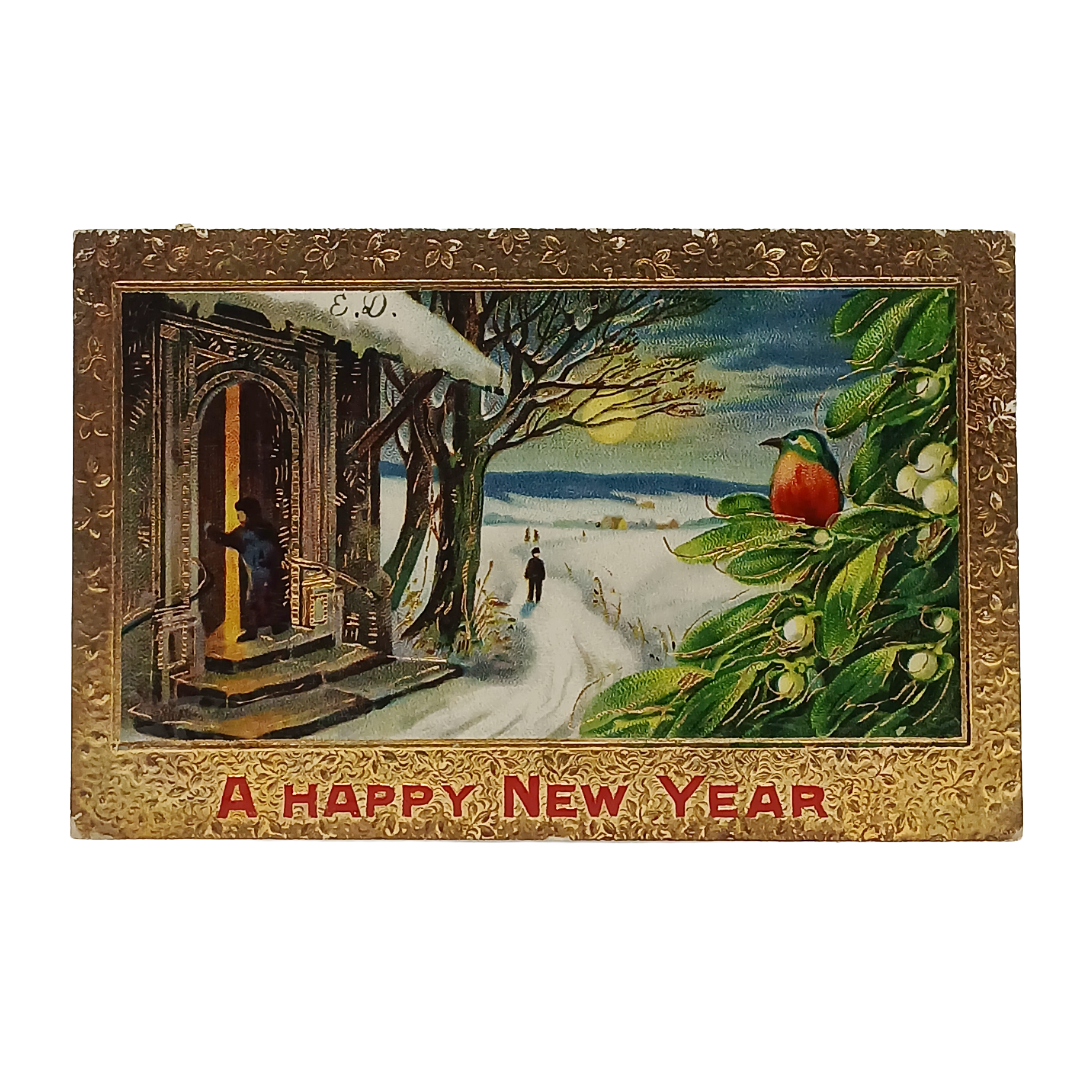 New Year Postcard Couple In Snowy Landscape w/Bird Gold Embossed Series 7009
