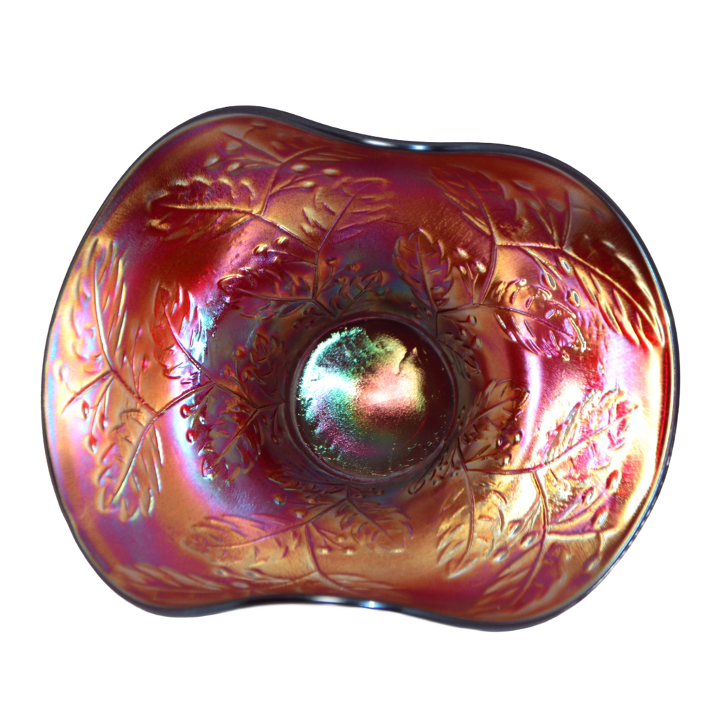 Fenton Red Carnival Glass Hat Vase w/ Holly Decoration