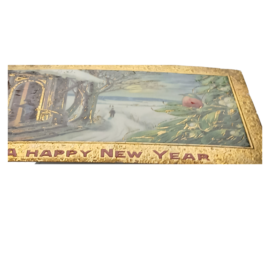New Year Postcard Couple In Snowy Landscape w/Bird Gold Embossed Series 7009
