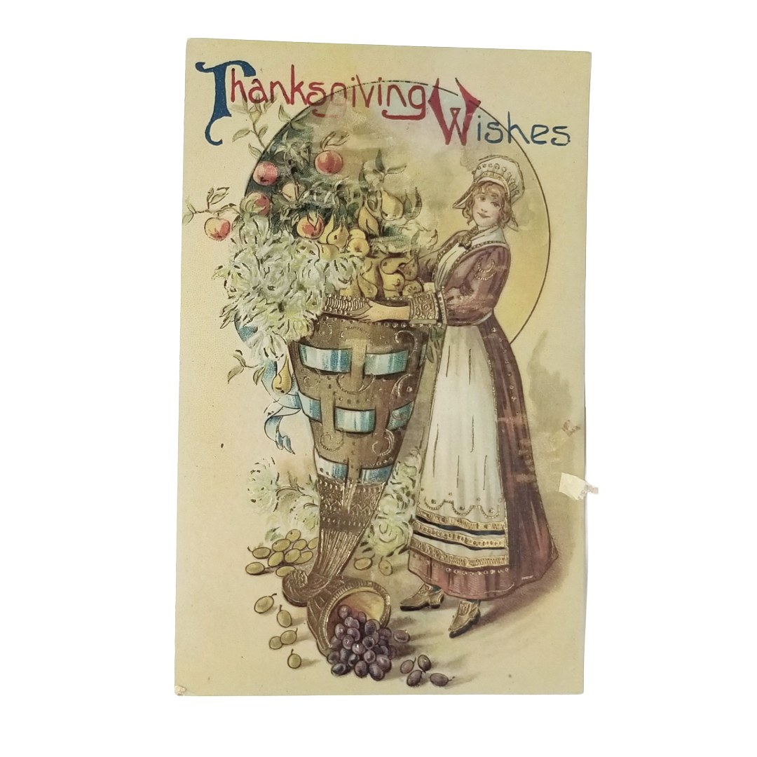 Thanksgiving Postcard Pilgrim Maiden Holding Turkey Feast Gold w/ Gel Finish