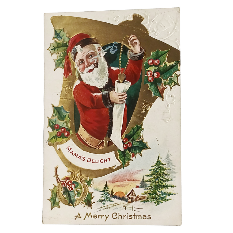 Christmas Delight Series Postcard, Santa in Gold Bell Filling Stocking 1900s Card