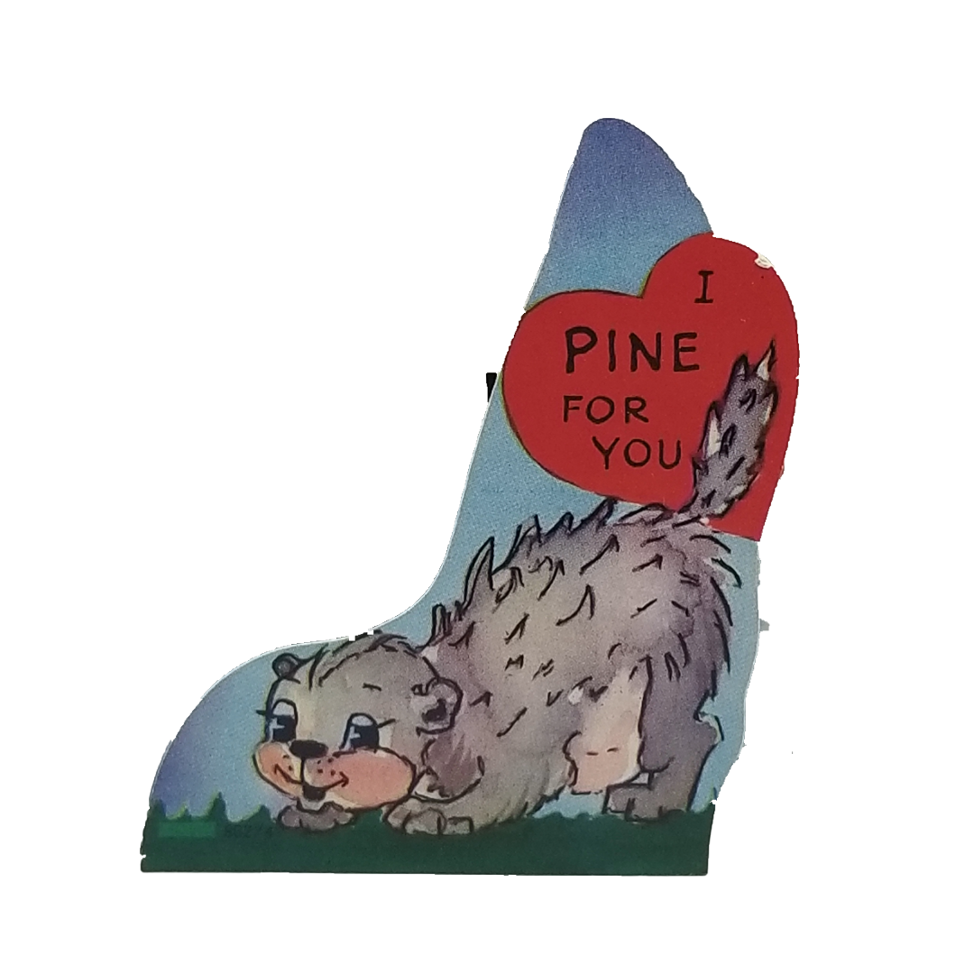 Vintage 1950s Die Cut Valentine Card "I Pine For You" Porcupine w/ Heart