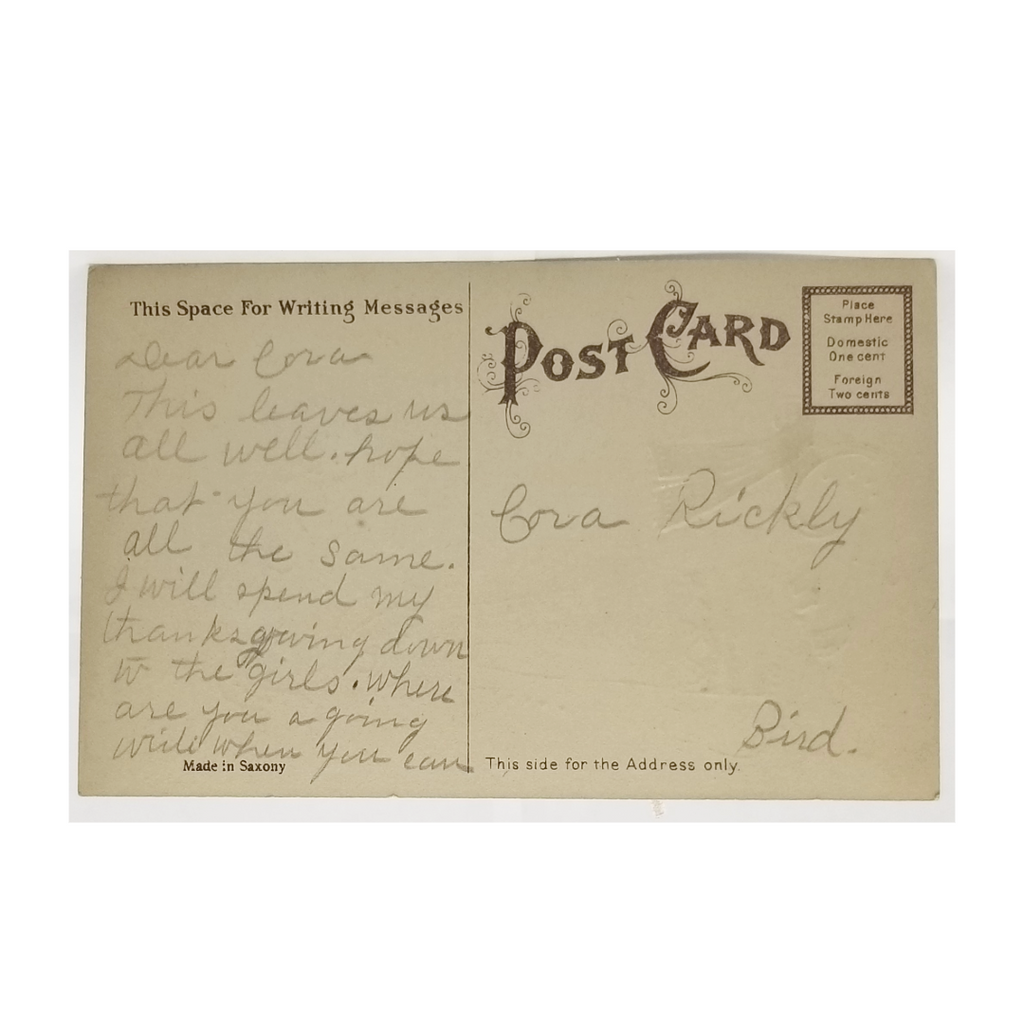 Thanksgiving Postcard Pilgrim Maiden Holding Turkey Feast Gold w/ Gel Finish