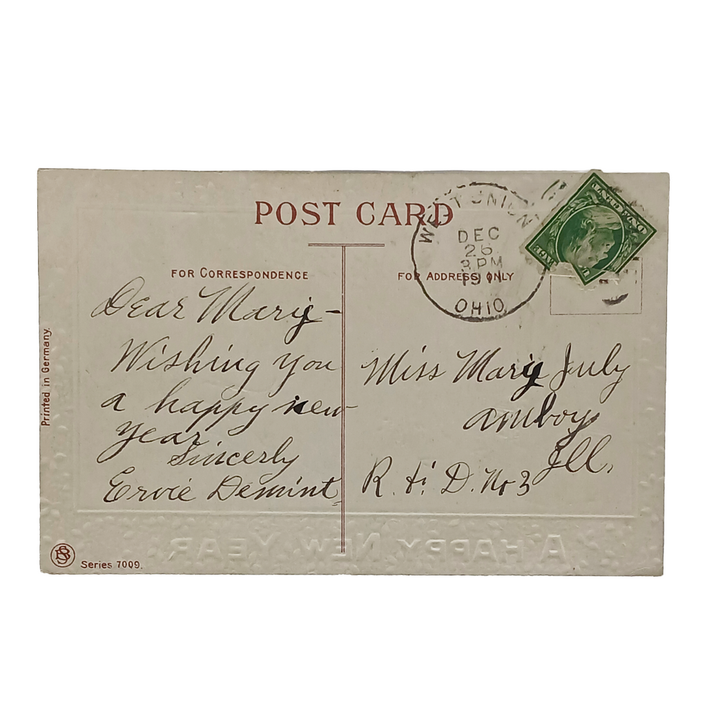 New Year Postcard Couple In Snowy Landscape w/Bird Gold Embossed Series 7009