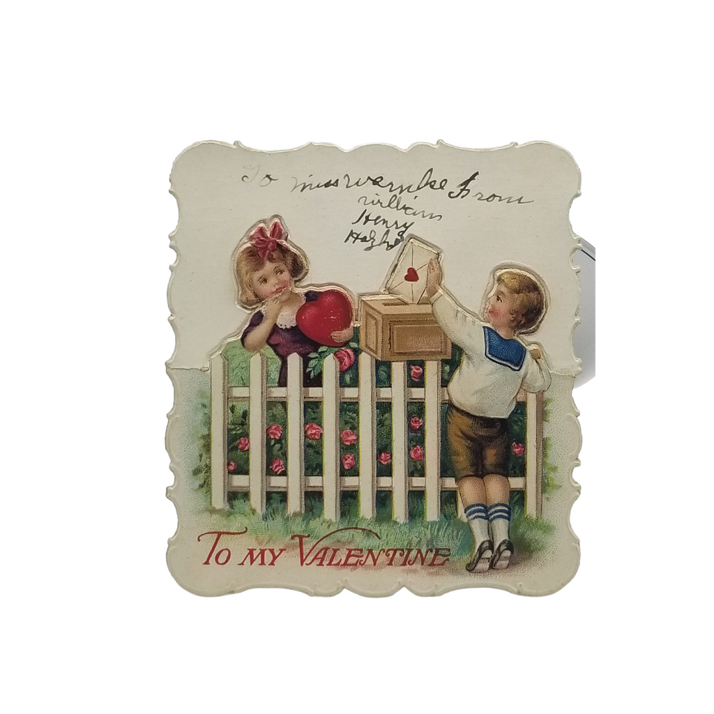 Miniature German Die Cut Mechanical Valentine Card Children at Fence