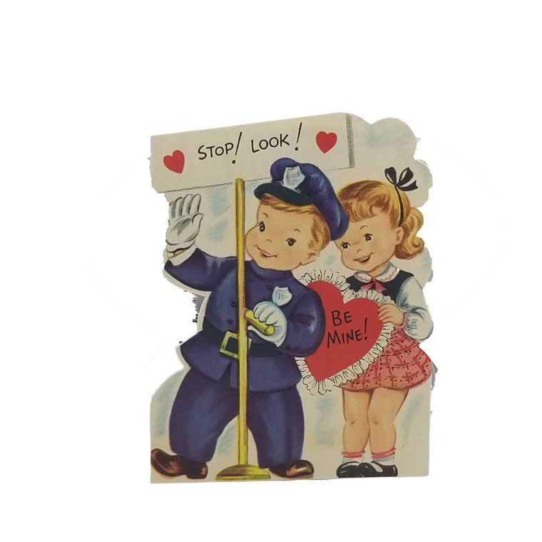 Vintage Valentine Die Cut Card Police Officer & Girl "Stop, Look Be Mine"