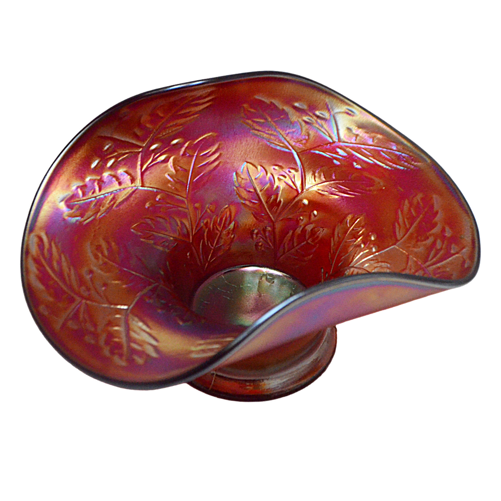 Fenton Red Carnival Glass Hat Vase w/ Holly Decoration