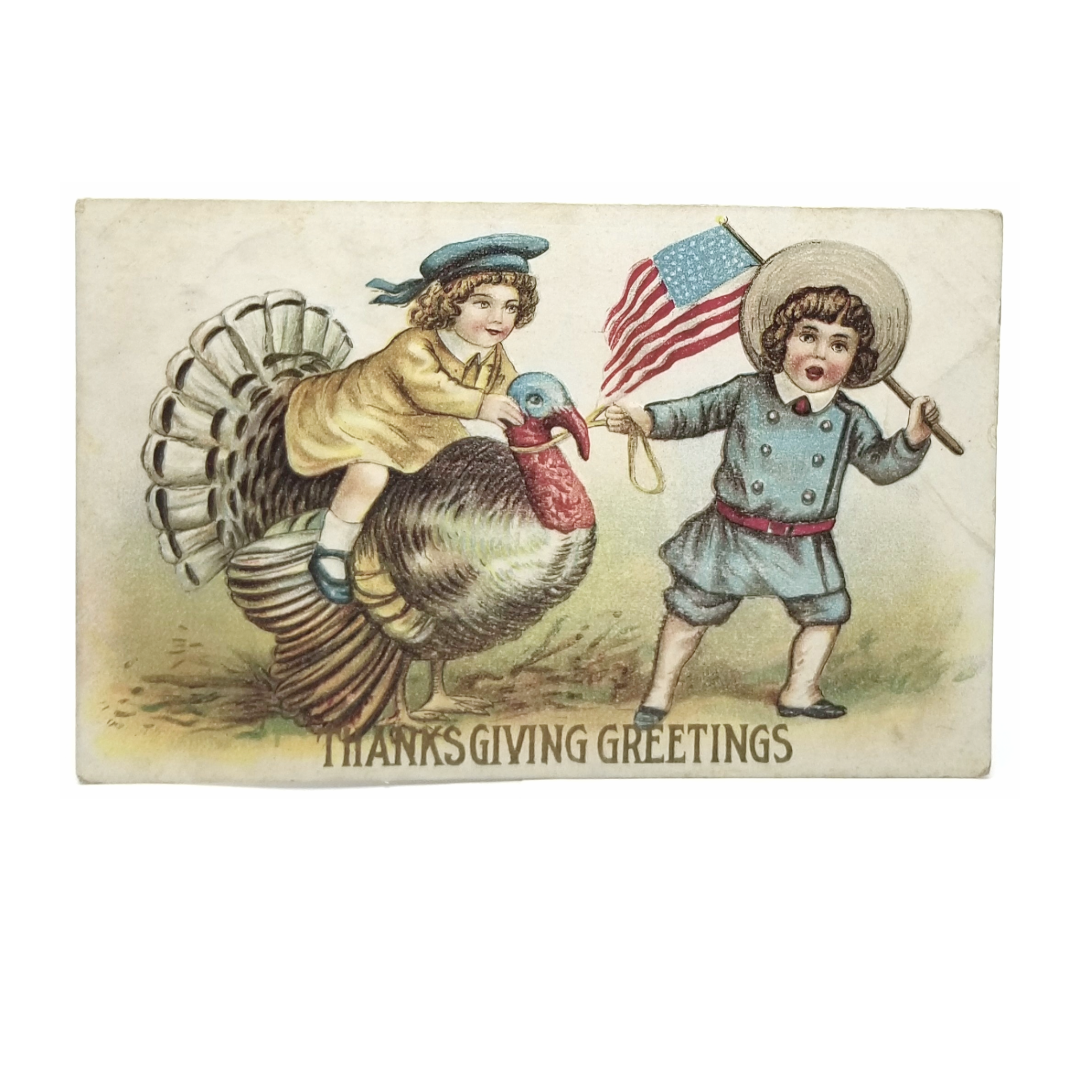Patriotic Thanksgiving Postcard Children with American Flag Riding Turkey
