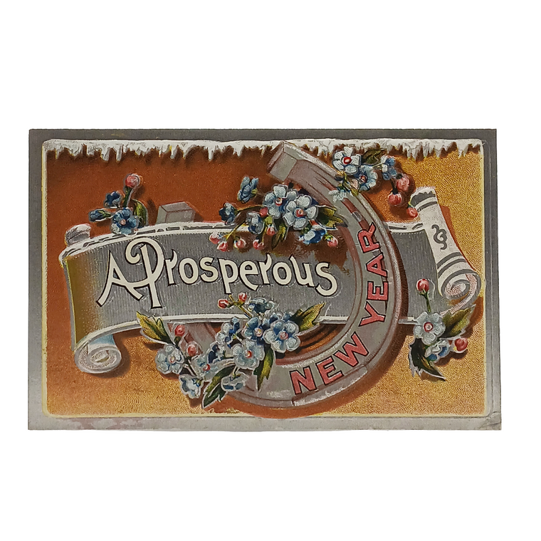 New Year Postcard Silver Horseshoe Around Scroll w/ Flowers Sliver Border