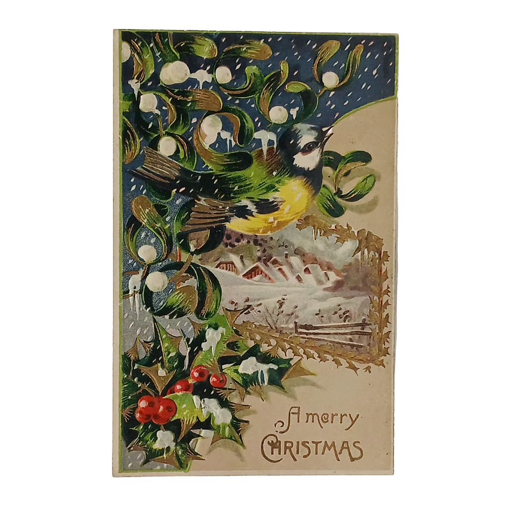 Christmas Postcard Gold Embossed Song Bird Snowy Town Holly Branches