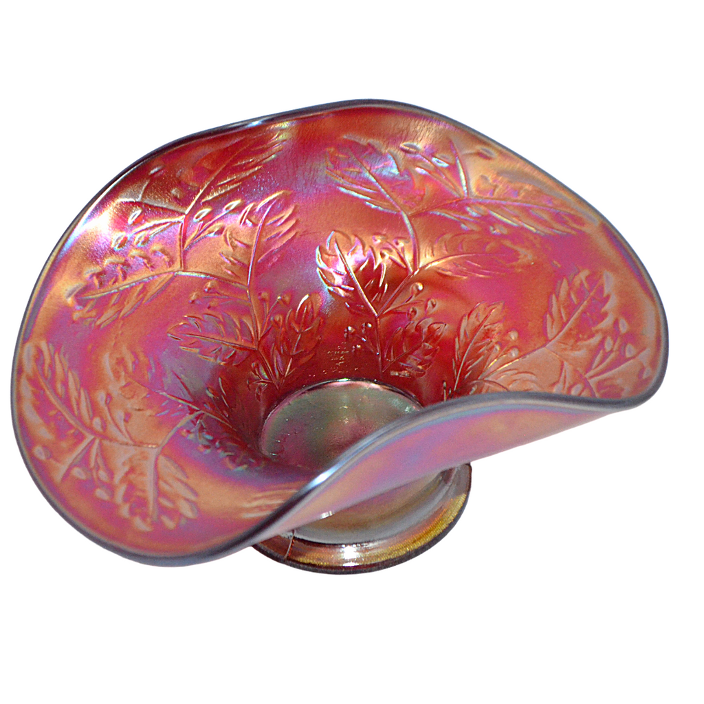 Fenton Red Carnival Glass Hat Vase w/ Holly Decoration