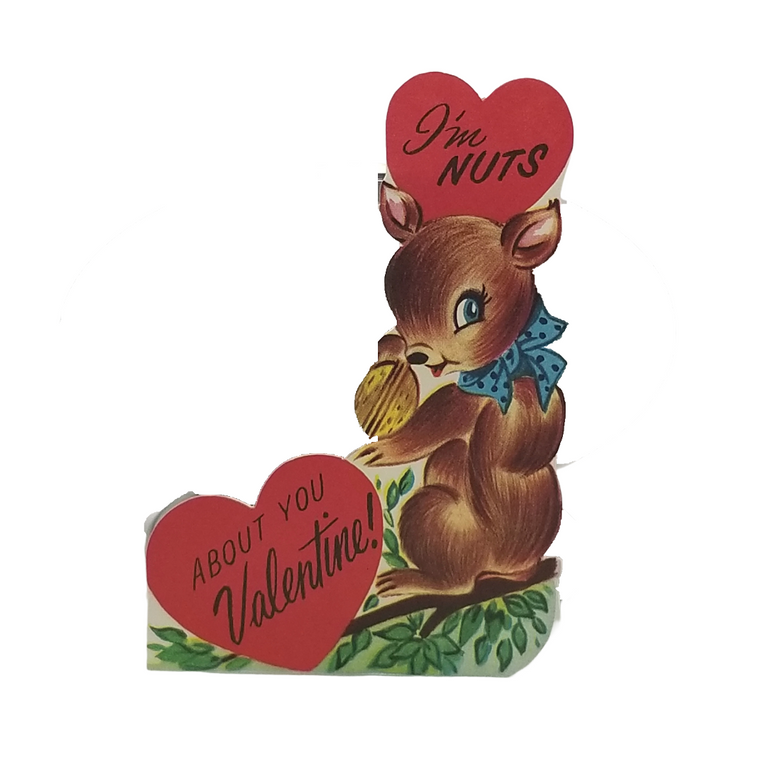 Vintage 1950s Die Cut Valentine Card "I'm Nuts For You" Squirrel with Nut & Hearts