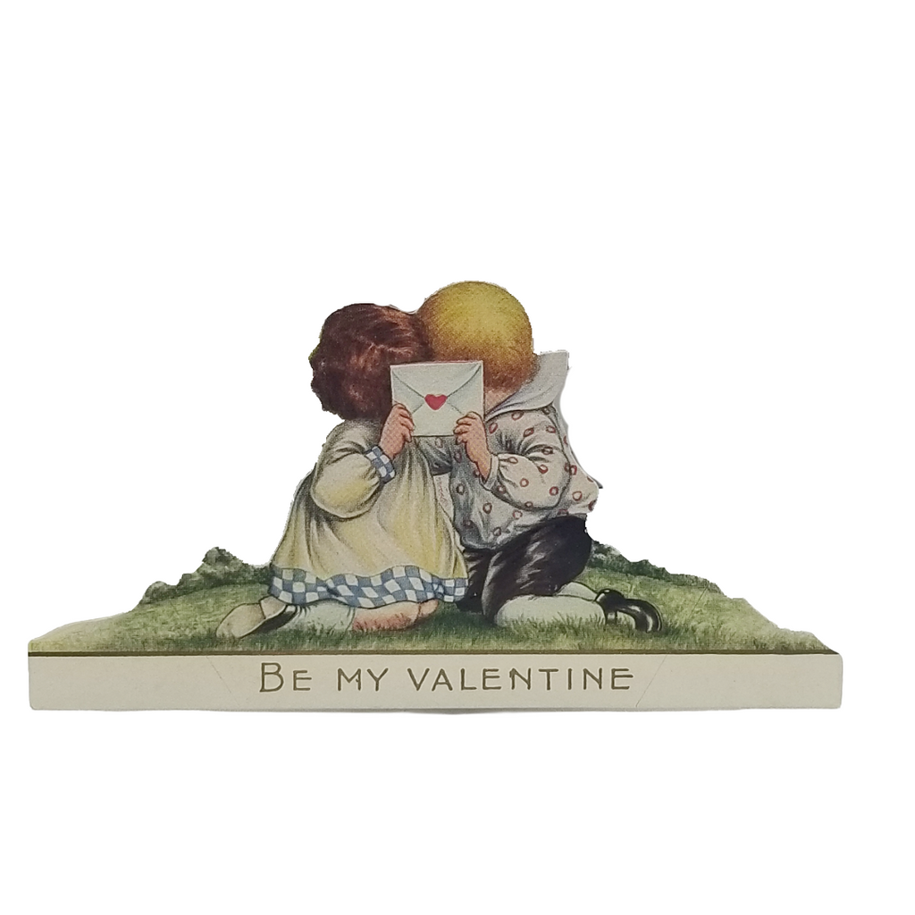 Vintage Valentine Die Cut Card Children Kissing Behind Envelope
