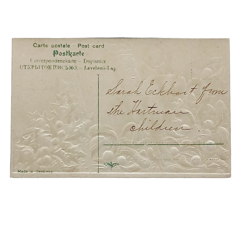 Christmas Postcard Gold Embossed Song Bird Snowy Town Holly Branches