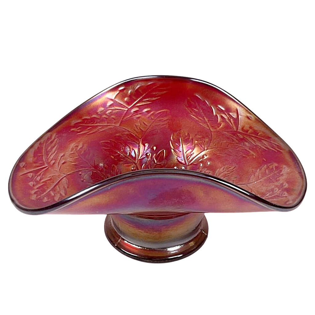 Fenton Red Carnival Glass Hat Vase w/ Holly Decoration