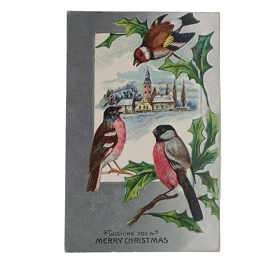 Christmas Postcard Silver Embossed Song Birds in Winter Church View