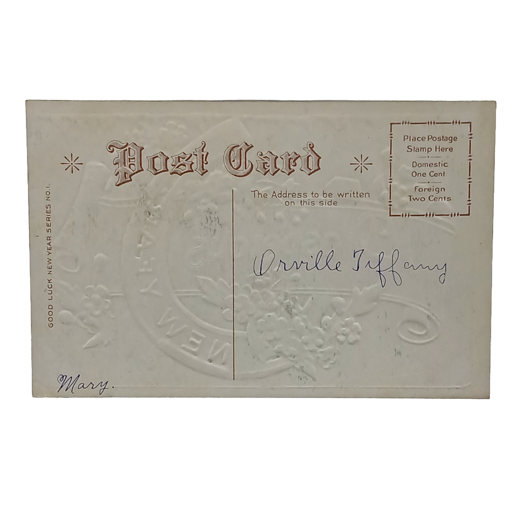 New Year Postcard Silver Horseshoe Around Scroll w/ Flowers Sliver Border