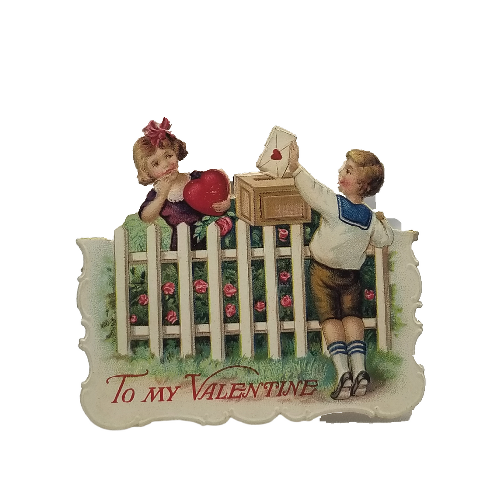 Miniature German Die Cut Mechanical Valentine Card Children at Fence