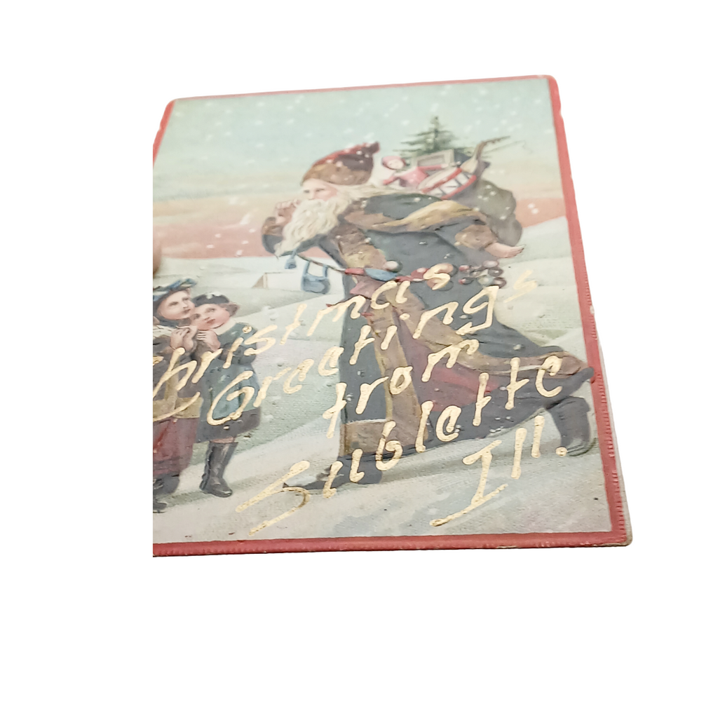 Christmas Postcard Old World German Santa in Green Robe Children Gold Highlights