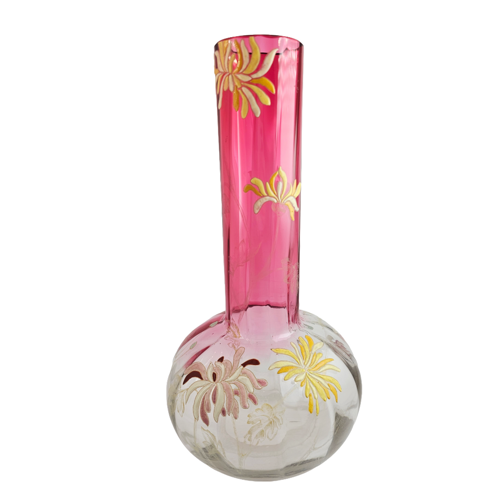 French Art Glass Chrysanthemums Vase, Legras St Denis Mont Joye Bottle Neck